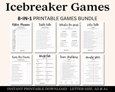 the icebreaker games printable game bundle is shown in black and white with text