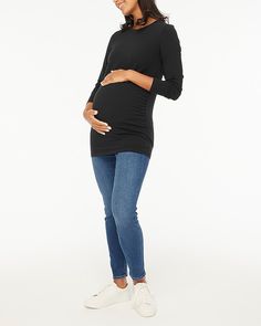 Factory: Long-sleeve Crewneck Maternity Tee For Women Cotton Maternity T-shirt With Crew Neck, Fitted Long Sleeve T-shirt With Ribbed Neckline, Relaxed Fit Scoop Neck T-shirt For Fall, Fall Relaxed Fit Scoop Neck T-shirt, Fall Scoop Neck T-shirt With Relaxed Fit, Maternity Bump Friendly Relaxed Fit Tops, Nursing Friendly Stretch Tops For Everyday, Stretch Nursing Friendly Tops For Everyday, Stretch Nursing-friendly Top For Everyday