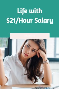 a woman sitting at a desk with her hand on her head and the words life with $