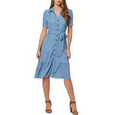 Enliven your wardrobe with this denim shirt dress. This piece is cut to a flattering above-knee length and features a classic collar neckline, front button placket. creates a feminine silhouette and finished with shiny buttons and contrast stitching. Measurement (in inches) International Size----------Chest Girth----------Waist Girth----------Shoulder Width----------Total Length XS------------------------------35 7/8------------------29 1/8------------------13 5/8---------------------------39 1/ Dramatic Classic, Denim Midi Dress, Denim Dresses, Tie Waist Dress, Feminine Silhouette, Denim Shirt Dress, Blue Outfit, Chambray Shirt, Overall Dress