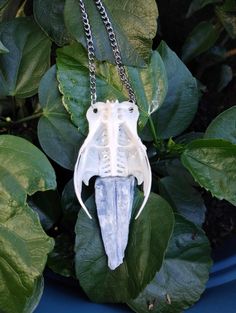 an animal's skull is attached to a chain on a plant with green leaves