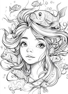 a girl with long hair and fish on her head is shown in this coloring page