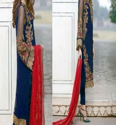 INDIAN WEAR  DESIGNER SUIT FABRIC DRESS CHIFFON BRIDAL WEAR SALWAR KAMEEZ Red Chiffon Dress, Chiffon Suit, Pakistan Karachi, Designer Anarkali Dresses, Embroidered Suit, Designer Kurti Patterns, Designer Suit, Designer Anarkali, Indian Gowns Dresses