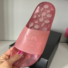 Coach Rubber Slide In Pink Coach Pink Slip-on Sandals, Coach Pink Flat Sandals, Coach Synthetic Round Toe Slides, Coach Synthetic Slides With Round Toe, Coach Flat Synthetic Slides, Coach Slides With Branded Insole And Round Toe, Jelly Slides, Floral Flip Flops, Jelly Flip Flops