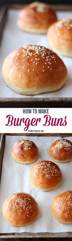 how to make burger buns with sesame seeds on top and in the middle, sitting on a baking sheet