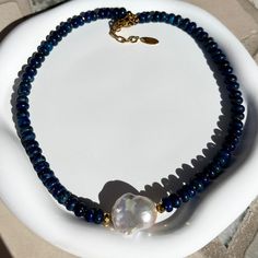 Lapis Lazuli Beaded Necklace With Baroque Pearl, Delicate Necklace, Blue and Gold, Handmade Gemstone Jewelry, Gift for Her - Etsy Spain Baroque Pearl Jewelry With Round Gemstone Beads, Handmade Pearl Necklace With Briolette Shape, Baroque Pearl Necklaces With Gemstone Round Beads, Pearl Gemstone Necklace With Round Beads, Baroque Pearl Necklace With Natural Stones And Round Beads, Baroque Pearl Necklace With Gemstone, Sapphire Beaded Necklaces With Gemstone Beads For Gift, Baroque Pearl Beaded Necklaces With Round Beads, Handmade Sapphire Round Bead Necklaces