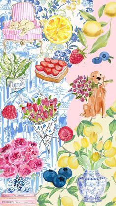 a painting of flowers, lemons and blueberries on a pink background with stripes