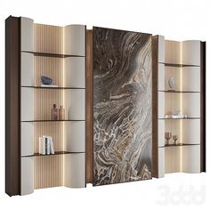 three bookshelves with marble and wood panels on the sides, one is open