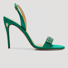 Elegant, Beautiful Sandals. Designer Green Sandals For Party, Green Heel Strap Sandals For Evening, Green Evening Sandals With Heel Strap, Evening Green Sandals With Heel Strap, Green Open Heel Sandals For Cocktail, Green Open Heel Sandals For Cocktail Events, Designer Green Sandals For Evening, Designer Green Evening Sandals, Designer Green Formal Sandals