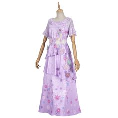 a mannequin wearing a purple dress with flowers on it