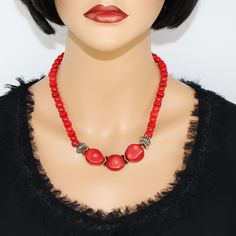 ♥ Ready to ship ♥ 100% handmade ♥ Packed in a gift box ♥ Custom length  ♥ Material - natural Italian coral beads Elevate your style with this stunning Handmade Italian red coral statement necklace.  This unique piece features a bold beaded gemstone bib design, perfect for adding a pop of color and glamour to any outfit.  Handcrafted with care, this one-of-a-kind necklace is sure to be a standout accessory in your collection. Make a statement with this Handmade Italian red coral statement necklac Gift Beaded Necklaces With Wooden Beads, Gift Wooden Beaded Necklaces, Gift Wooden Beads Necklace, Red Natural Stones Beaded Necklace, Handmade Red Coral Beaded Necklace As Gift, Unique Red Coral Beaded Necklace As Gift, Red Wooden Beads For Gift, Gift Jewelry With Large Beads, Colorful Beads Red Coral Necklace Gift