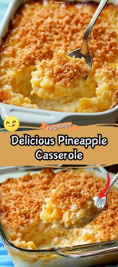 a casserole dish filled with delicious pineapple casserole and topped with crumbs