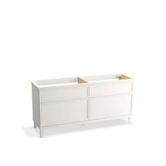 a white dresser with two drawers on the top and one drawer in the bottom, against a white background