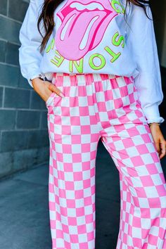 White and Pink Checked Comfy Wide Leg Pants | Checkmate Pants – Mindy Mae's Market Long Sleeve Shirt Outfits, Pink And White Checkered, Trendy Outfit Inspo, Modesty Outfits, She Is Clothed, Checkered Print, Cute Comfy Outfits, Go Ahead, New Wardrobe