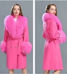 Our luxurious Kylah coat now with Mongolian sheep fur. More fur means more glamour and babe you are the glam queen. Made of 100% wool and real fur collar and cuffs, with pockets and cinched with a matching belt. Choose from pink, white, beige or blue. Luxury Fur Coat With Feather Trim For Winter, Luxury Winter Fur Coat With Feather Trim, Luxury Fluffy Fur Coat For Winter, Luxury Fluffy Winter Fur Coat, Luxury Faux Fur Spring Coat, Long Fur Coat With Feather Trim, Fall Pink Outerwear With Feather Trim, Pink Feather Trim Outerwear For Fall, Pink Winter Outerwear With Feather Trim