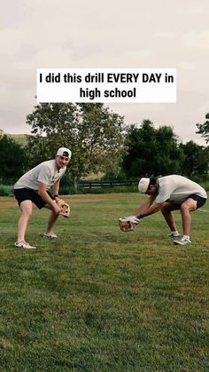 two people kneeling down in the grass with baseball mitts