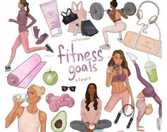 a group of women doing different things with the words fitness goals in front of them