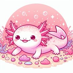 a pink and white animal with stars on it's head sitting in the sand