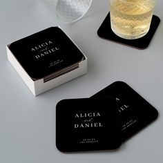 Elegant simple minimal black and white wedding paper coaster favor decor featuring a classy stylish chic trendy calligraphy script. ++++++++++++++++++++ Easy to personalize with your details! Suitable for formal black tie neutral weddings. +++++++++++++++ Please note that the background color can be changed to match your wedding color scheme. You can change it after selecting PERSONALIZE option. Black Tie Wedding Favors, Minimal Black And White Wedding, Black Tie Wedding Decor, Silver Wedding Decorations, Black Wedding Decorations, White Weddings Reception, Minimalist Wedding Decor, Wedding Coasters, Wedding Place Settings