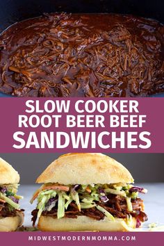 slow cooker root beer beef sandwiches with bbq and coleslaw in the background