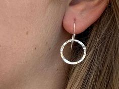 "Sterling Silver Hook Earrings with 1 Hammered Ring Earring Details: Sterling Silver Hooks Ring measures 18mm (outer dimension) - 14.50mm (inner dimension) Want a matching Necklace ? https://www.etsy.com/listing/100343677/eternity-necklace-sterling-silver-wife?ref=shop_home_active_2 100% satisfaction guaranteed . If for any reason you are not happy with this product you may ship it back. ** All my items come in a blue velvet bag. Additional gift packaging is available . Click \"this order is a g Everyday Hoop Jewelry With Halo Design, Everyday Halo Hoop Jewelry, Hypoallergenic Open Circle Jewelry For Anniversary, Hypoallergenic Open Circle Anniversary Jewelry, Modern Hoop Earrings With Halo Design For Gift, Hoop Jewelry With Halo Design As Gift, Halo Design Hoop Jewelry Gift, Anniversary Jewelry With Matching Earrings, Everyday Hoop Earrings With Halo Design