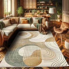 a living room filled with lots of furniture next to a large rug on top of a hard wood floor