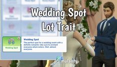 a man and woman standing next to each other in front of a sign that says wedding spot lot trati