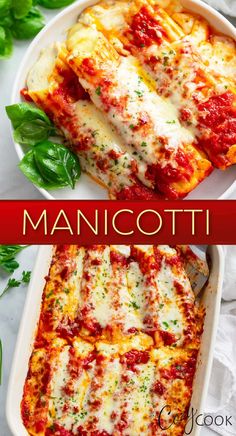 an image of a plate of food with the words manicotti above it and below