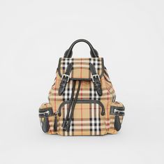 The Small Rucksack in Vintage Check and Leather in Antique Yellow - Women | Burberry United States Small Rucksack, Burberry Gifts, Leather Totes, Fragrances For Women, Cute Backpacks, Bag Collection, Leather Bags, Burberry Bag, Leather Top