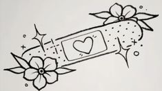 a black and white drawing of a gift box with flowers on it's side