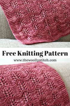 two knitted blankets with the text free knitting pattern on top and bottom, in pink