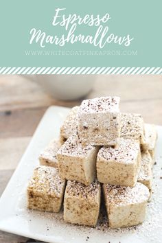 several pieces of cake sitting on top of a white plate with the words espresso marshmallows