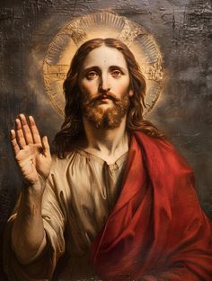 a painting of jesus holding his hands up