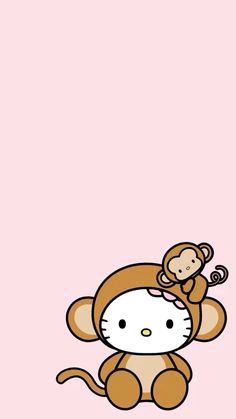 hello kitty wallpaper with a cute monkey on it's back and pink background