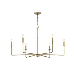 a brass chandelier with six lights hanging from the ceiling and four candles on each end