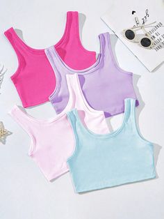 Multicolor Casual Collar  Fabric Plain Tank Embellished Medium Stretch Summer Tween Girls Clothing Brooklyn Outfit, Crop Tops For Kids, School Dance Dresses, Barbie Doll Set, Preppy Summer Outfits, Twin Outfits, Colorful Crop Tops, Tanktop Girl, Tween Outfits