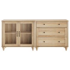 the sideboard is made from wood and has two drawers, one with glass doors