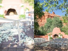 an outdoor ceremony with white petals on the ground and in front of a red rock formation