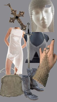 a collage of different items including shoes, hats and chains on mannequins