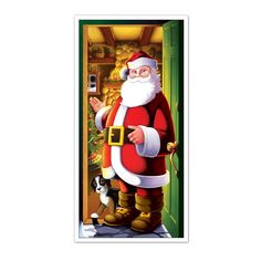 a santa clause standing in front of a door with a dog on the other side