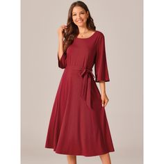 Seta T Women's Elegant Crewneck Bell 3/4 Sleeve Tie Waist Casual Midi Dress with Pockets is a versatile addition to your wardrobe. The fashion style includes Bell 3/4 Sleeve, Round Neck, Side Zipper, High Waist, Two Pockets, and Belted design. The elegant midi knit dress flatters any body shape, making it a timeless piece suitable for various occasions. Crafted from 95% Polyester and 5% Spandex, this dress is lightweight, comfortable, and breathable, ideal for any season. Its chic and understate Red Midi Dress With 3/4 Sleeves, Red 3/4 Sleeve Midi Dress For Fall, Red Midi Dress With 3/4 Sleeves For Fall, Midi Knit Dress, Casual Midi Dress, Midi Dress With Pockets, Ballet Dress, Midi Dress Casual, Womens Crewneck