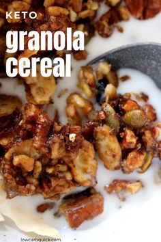 a spoon with granola cereal on it and the words, keto granola cereal