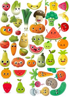 an assortment of fruits and vegetables with faces