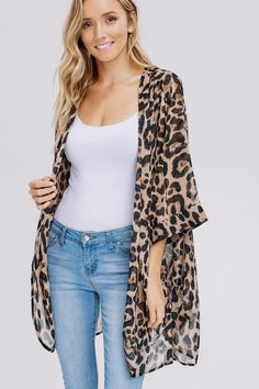 ANIMAL KIMONO - 100%POLYESTER - 3/4 SLEEVE ANIMAL PRINT CHIFFON KIMONO CARDIGAN Animal Print Kimono, Chiffon Kimono Cardigan, Leopard Kimono, Chiffon Kimono, Print Kimonos, Kimono Cardigan, Print Chiffon, Chiffon Fabric, Wholesale Clothing