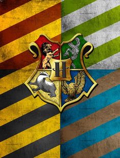 the hogwarts crest is on top of two different colored striped wallpapers