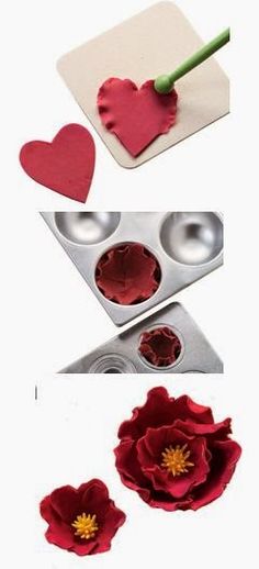 the process for making heart shaped flowers is shown in three different stages, including waxing and