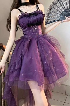 Purple Shining Bowknot Irregular Sweet Princess Gorgeous Lolita Jsk Dress – LolitaInside Purple Dress Outfit, Blue Purple Dress, Purple Princess Dress, Jsk Dress, Mimi Dress, Purple Dresses, Sleeveless Skirt, Printed Pleated Skirt, Purple Outfits