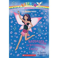 a cartoon character is flying in the sky with a pink star on her back and rainbow above