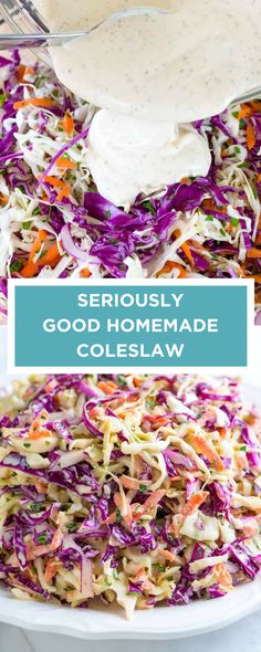 coleslaw slaw is being served in a bowl with dressing