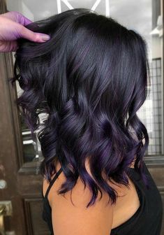 Eggplant Balayage Dark Brown, Black Hair With Purple Ombre, Dark Brown Hair Balayage Purple, Dark Brown And Violet Hair, Dark Brown To Purple Balayage, Purple Balayage On Dark Hair, Dark Purple Almost Black Hair, Hair Color Ideas For Brunettes With Purple Highlights, Black With Violet Highlights